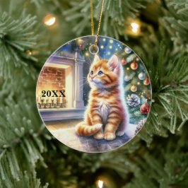 Weihnachts-Gelb-Kätzchen Maßgeschneiderte Datums-O Keramik Ornament