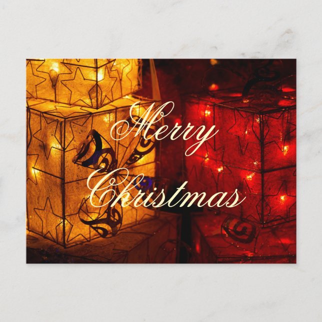 Weihnachts-Geschenkboxen mit Lichtern Feiertagspostkarte (Vorderseite)