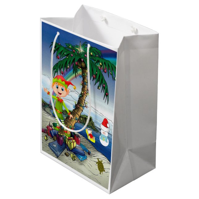 Weihnachts-Geschenktaschen Elf, Beach Bum Santa Mittlere Geschenktüte (Rückseite Schrägansicht)