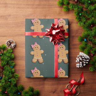 Weihnachts-Gingerbread-Girl-Rosa-Schleife Coquette Geschenkpapier