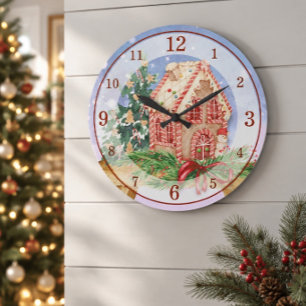 Weihnachts-Gingerbread-Haus-Wasserfarbe-Acryl Große Wanduhr