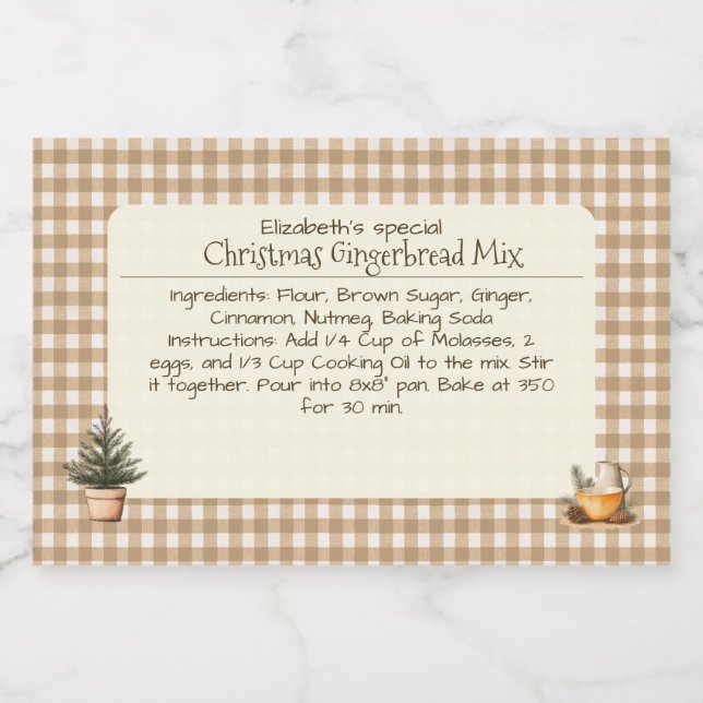 Weihnachts-Gingerbread-Mix braune Gingham-Etikette Lebensmitteletikett (Einzelnes Label)
