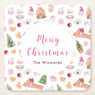 Weihnachts-Gingerbread Pink Frohe Weihnachten Rechteckiger Pappuntersetzer