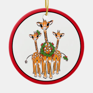 Weihnachts-Giraffe, rot-grüner Kranz Keramik Ornament