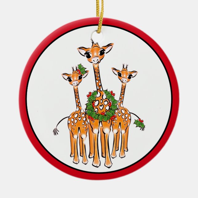 Weihnachts-Giraffe, rot-grüner Kranz Keramik Ornament (Vorne)