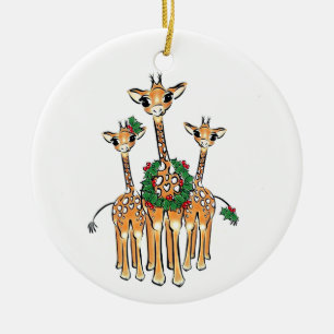 Weihnachts-Giraffe, rot-grüner Kranz Keramik Ornament