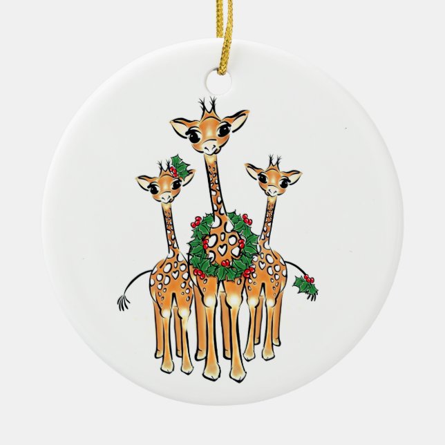 Weihnachts-Giraffe, rot-grüner Kranz Keramik Ornament (Vorne)