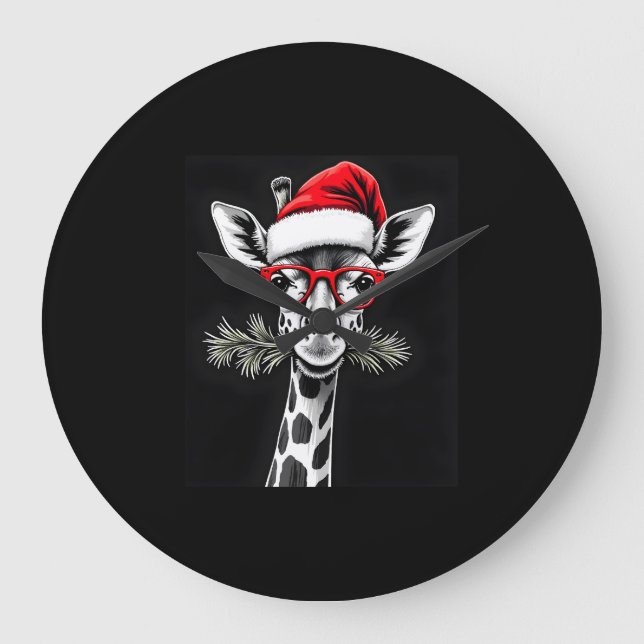 Weihnachts-Giraffe Weihnachtsmannmütze Pajama-Gesc Große Wanduhr (Vorderseite)