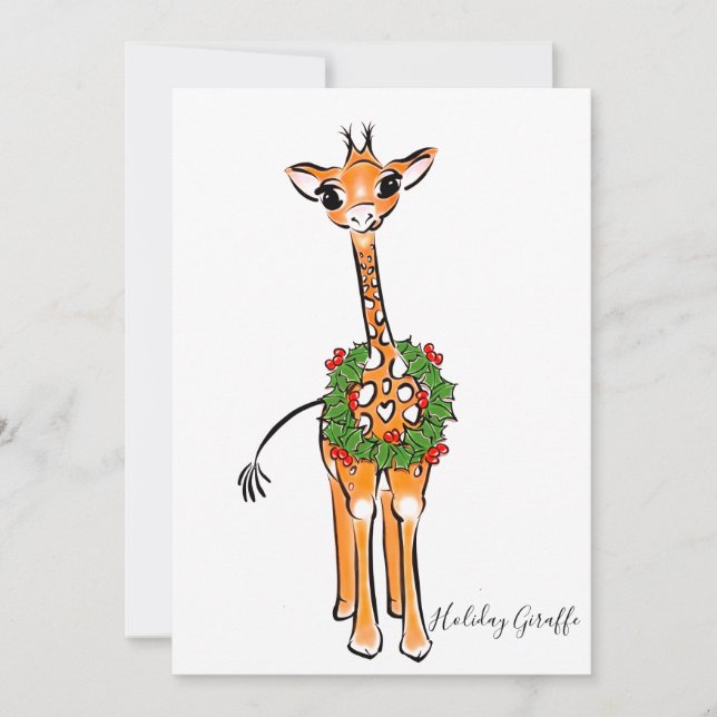 Weihnachts-Giraffen, Rot-Grün-Holly-Kranz Einladung (Vorderseite)