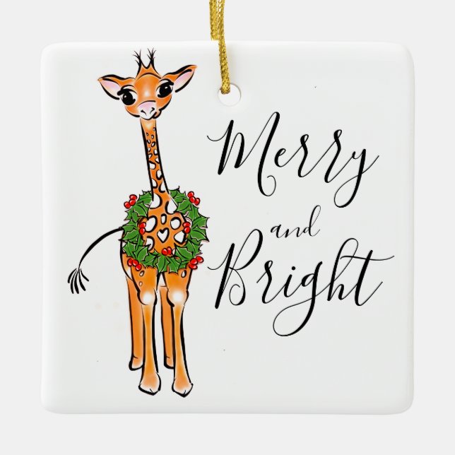 Weihnachts-Giraffen, Rot-Grün-Holly-Kranz Keramikornament (Vorderseite)