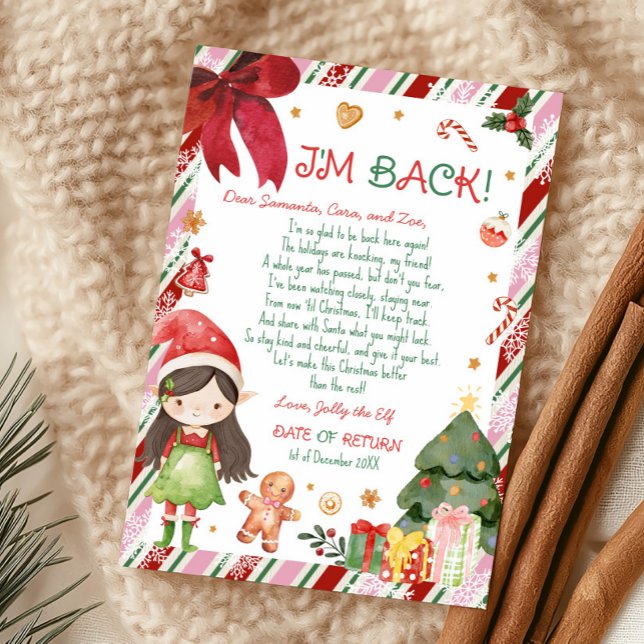 Weihnachts-Girl-Brief von der Elf-Letter-Karte Einladung (Christmas Dark Brown Hair Light Girl Letter from Elf Letter Card)