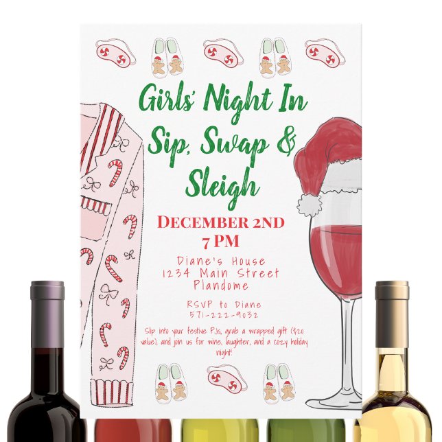 Weihnachts-Girls-Night-Geschenktausch PJs Wein Einladung (Von Creator hochgeladen)