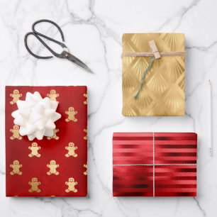 Weihnachts-Glamour-Gingerbread-Muster Rot Goldfoli Geschenkpapier Set