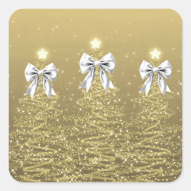 Weihnachts-Glanzbäume Gold Falsches Silberband  Quadratischer Aufkleber (Vorderseite)