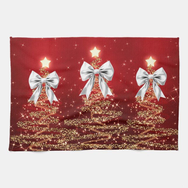 Weihnachts-Glanzbäume Rot Gold Silber Bogen Geschirrtuch (Horizontal)