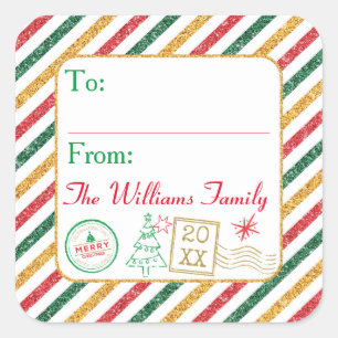 Weihnachts-Glitzer Airmail Briefmarkenschild-Tags Quadratischer Aufkleber