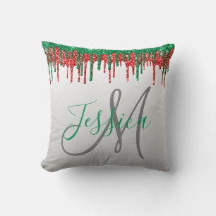 Weihnachts-Glitzer Drilling Monogram Red and Green Kissen