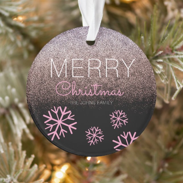 Weihnachts-Glitzer Pink Snowflakes Schwarz Ornament (Baum)