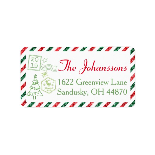 Weihnachts-Glitzer Vintage Luftpost Versand Adressaufkleber (Vorne)