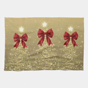 Weihnachts-Glitzerbäume Gold Falsche Rote Schleife Geschirrtuch