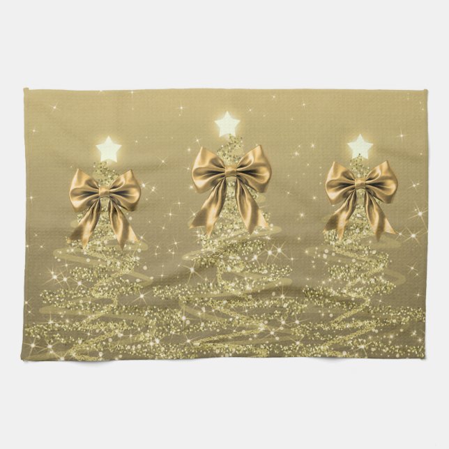 Weihnachts-Glitzerbäume Gold-falsche Schleife  Geschirrtuch (Horizontal)