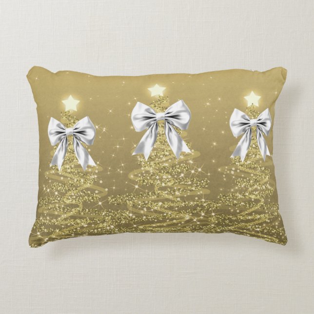 Weihnachts-Glitzerbäume Gold Falsches Silberband  Dekokissen (Vorderseite)