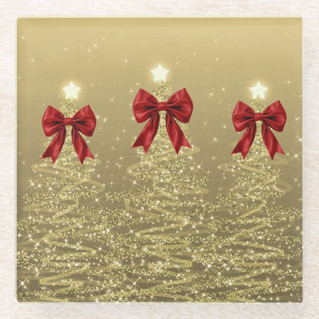 Weihnachts-Glitzerbäume Gold mit falscher roter Sc Glasuntersetzer (Vorderseite)