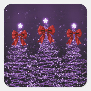 Weihnachts-Glitzerbäume Lila Falsche Rote Schleife Quadratischer Aufkleber