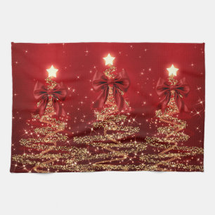 Weihnachts-Glitzerbäume Rot Gold Falsche Schleife Geschirrtuch