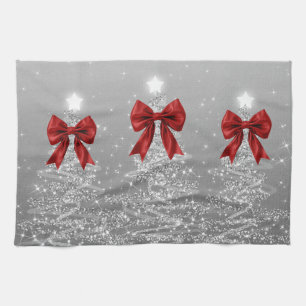 Weihnachts-Glitzerbäume Silber mit falscher roter  Geschirrtuch