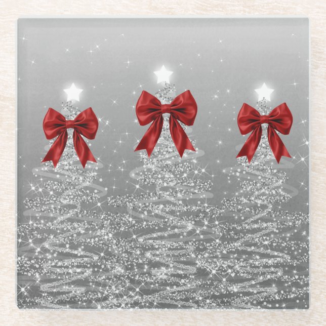 Weihnachts-Glitzerbäume Silber mit falscher roter  Glasuntersetzer (Vorderseite)