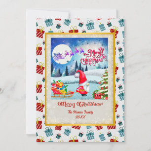 Weihnachts-Gnom und Geschenke von Santas Schlitten Feiertagskarte