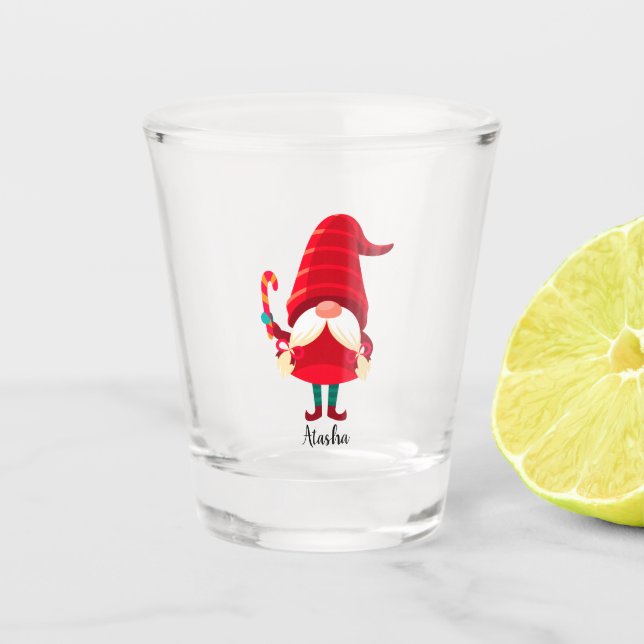 Weihnachts-Gnome halten eine Candy Cane Schnapsglas (Vorderseite)