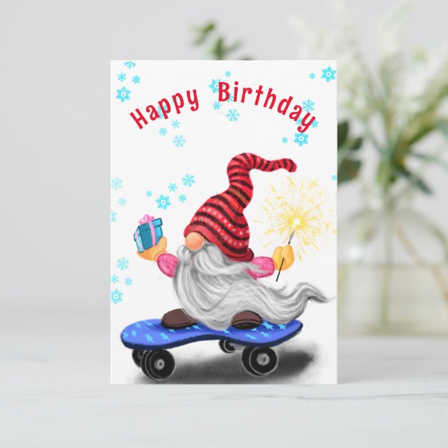 Weihnachts-Gnome mit Geschenk Funny Geburtstagskar (Stehend Vorderseite)