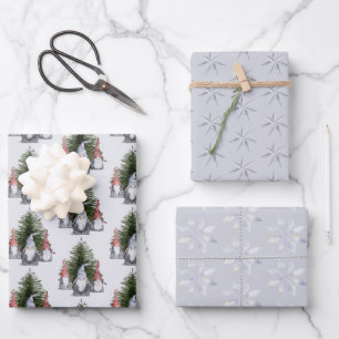 Weihnachts-Gnome Nordic Blau Schneeflocken Sterne Geschenkpapier Set