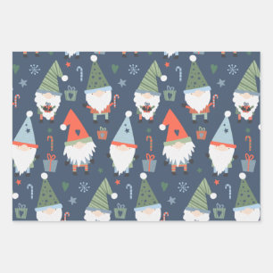 Weihnachts-Gnome Santa Claus Blau Grün Whimsical Geschenkpapier Set