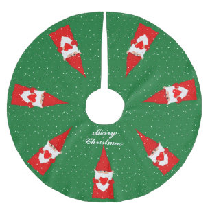 Weihnachts-Gnome & Schneeflocken auf Grün Polyester Weihnachtsbaumdecke