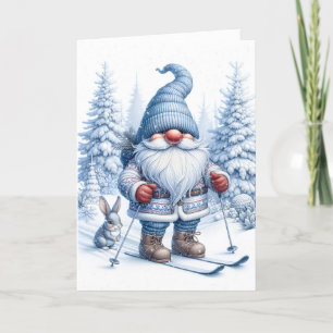 Weihnachts-Gnome-Skifahren mit sonniger Aussicht Feiertagskarte