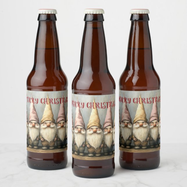  Weihnachts-Gnome Spitzhüte langer Bart Bierflaschenetikett (Flaschen)