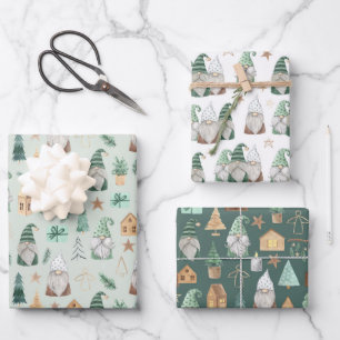 Weihnachts-Gnome Weiß Grün Gold Trendige Whimsical Geschenkpapier Set