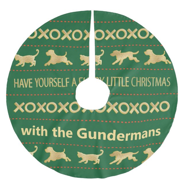 Weihnachts Gold Cat Dog Furries Polyester Weihnachtsbaumdecke (Vorderseite)