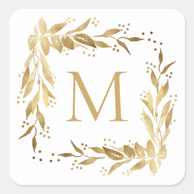 Weihnachts Gold Foliage Monogram auf Weiß Quadratischer Aufkleber (Vorderseite)