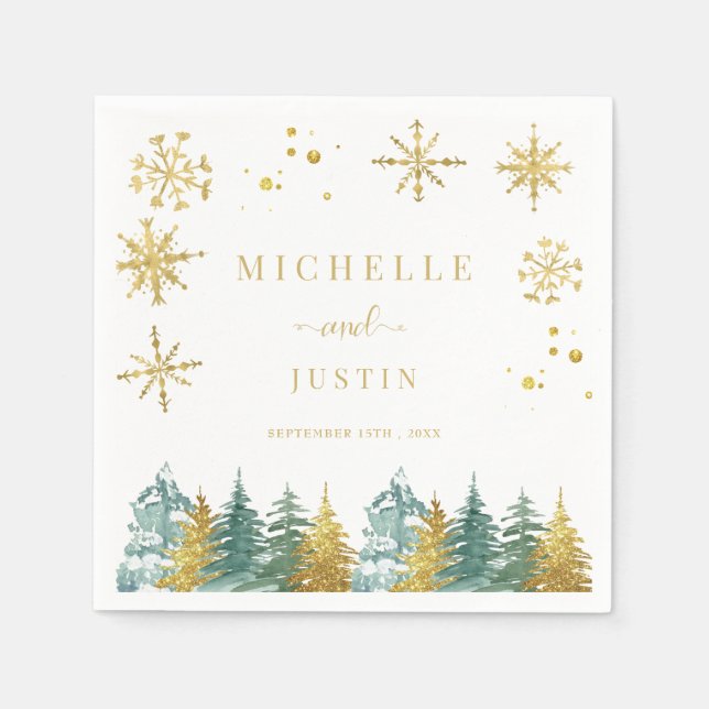 Weihnachts Gold Grüne Waldkiefern Hochzeit Serviette (Vorderseite)