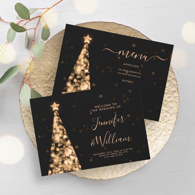 Weihnachts-Gold-Hochzeitsmenü Einladung (Festive Xmas Tree Gold Wedding Menu Invitation)