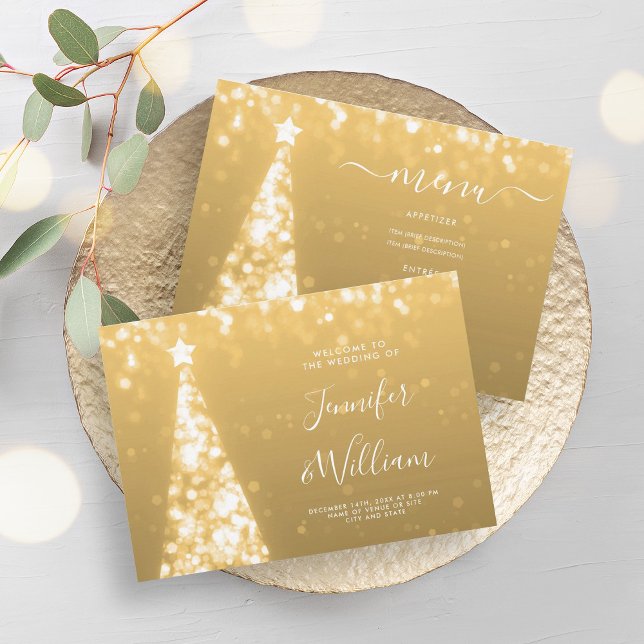 Weihnachts-Gold-Hochzeitsmenü Einladung (Festive Xmas Tree Gold Wedding Menu Invitation)