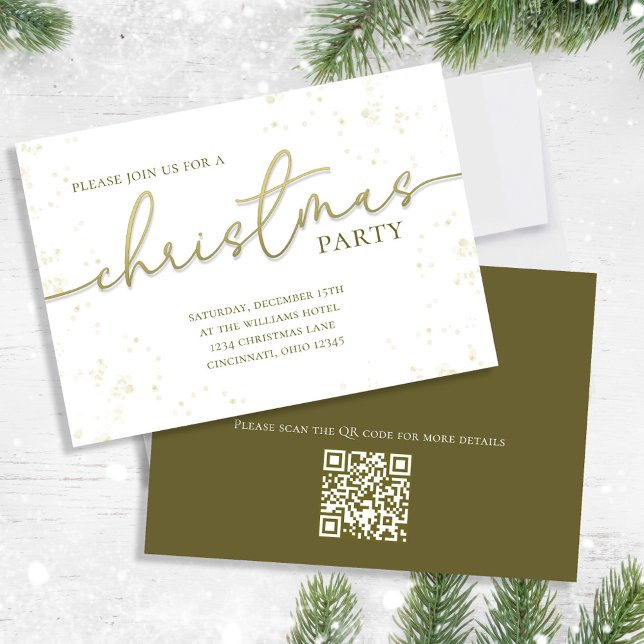 Weihnachts-Gold-Kalligrafie-Skript Einfache QR-Cod Einladung (Christmas party gold gradient calligraphy script invitation. With a modern QR Code. )
