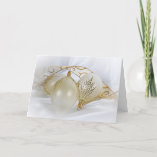 Weihnachts-Gold-Ornamente auf weißem Satin Feiertagskarte