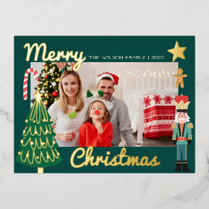 Weihnachts-Gold-Santa-Nussknacker-Süße-Familien-Fo Folie Einladungspostkarte