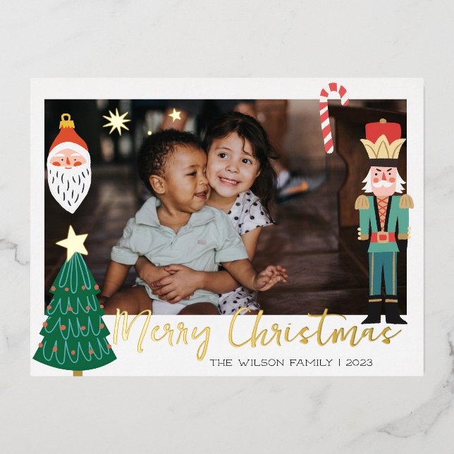 Weihnachts-Gold-Santa Nutcracker-Niedliches Foto Folie Einladungspostkarte (Vorderseite)