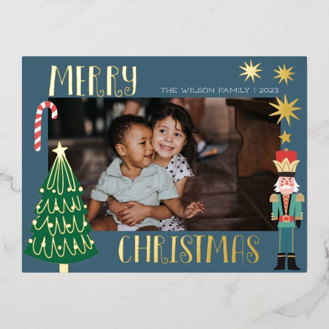 Weihnachts-Gold-Santa Nutcracker-Niedliches Foto Folie Einladungspostkarte (Vorderseite)